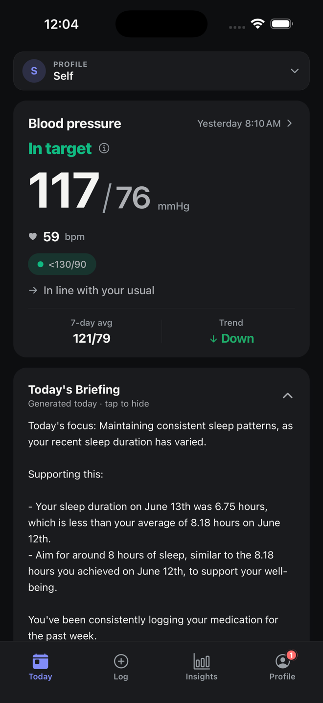 CalmBP Today screen with the day's reading and AI briefing